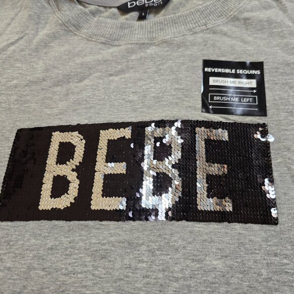 bebe Women's Gray Long Sleeve Sequin Embellishment Tee Shirt Large NWT - Picture 6 of 7